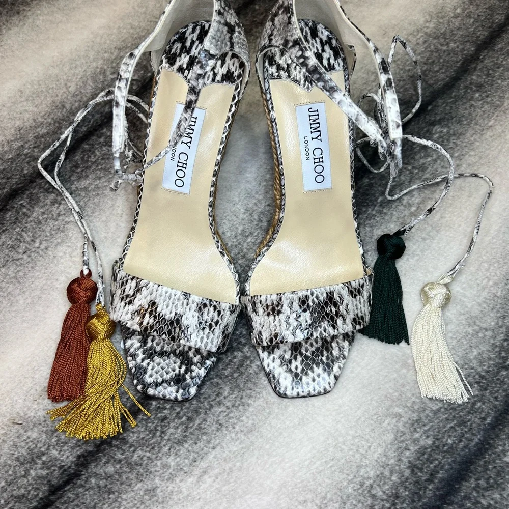 Jimmy Choo Deva 85 mm Roccia Snakeskin Print Leather Mix Tassel Espadrile Wedge